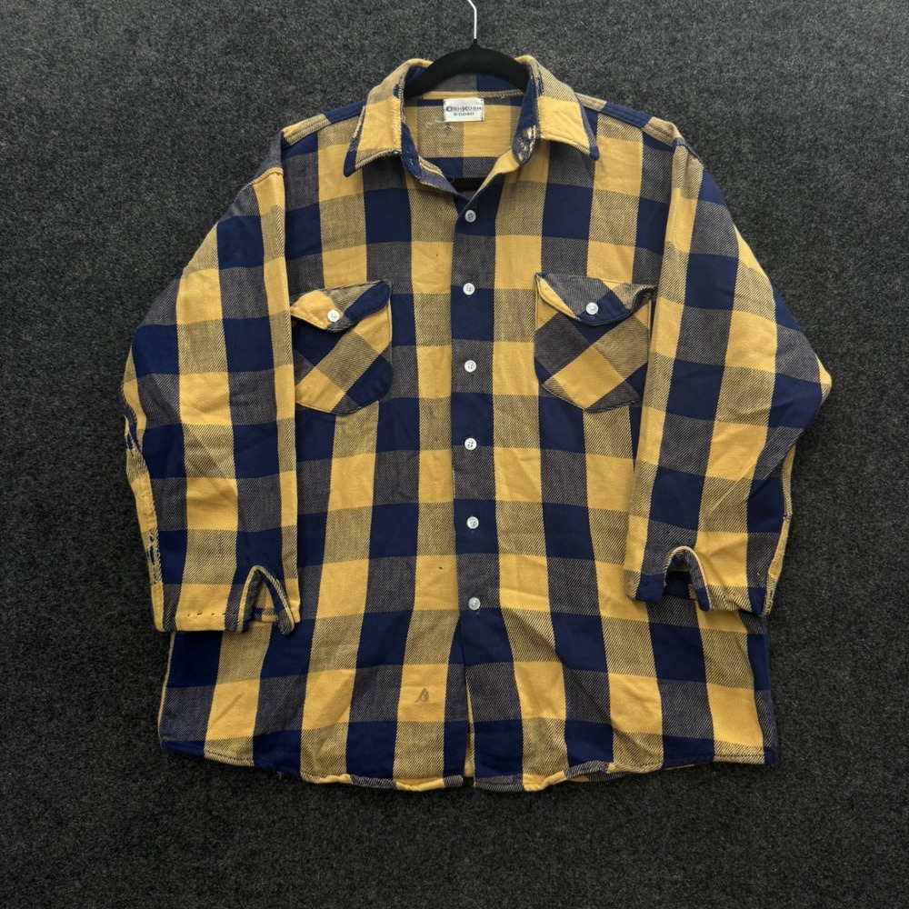 Vintage 70s OshKosh Bgosh Buffalo Plaid Flannel Shirt Mens XL Yellow Navy Cotton